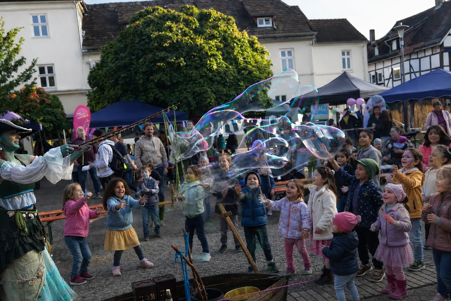 Eine Gruppe begeisterter Kinder jagt riesige Seifenblasen bei einer Outdoor-Animation auf einem Marktplatz.
